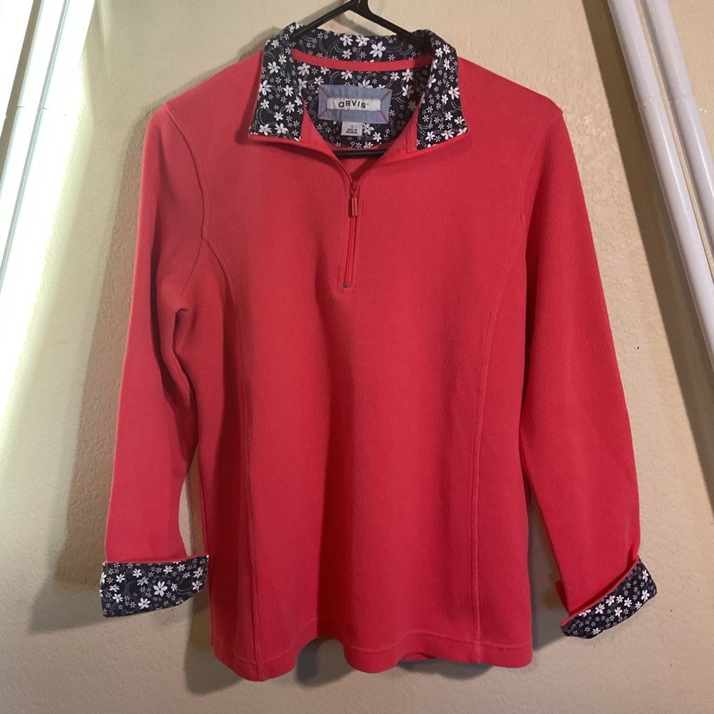 Orvis Salmon 1/4 Zip Pullover with Navy Blue and White Floral Trim Size Large
